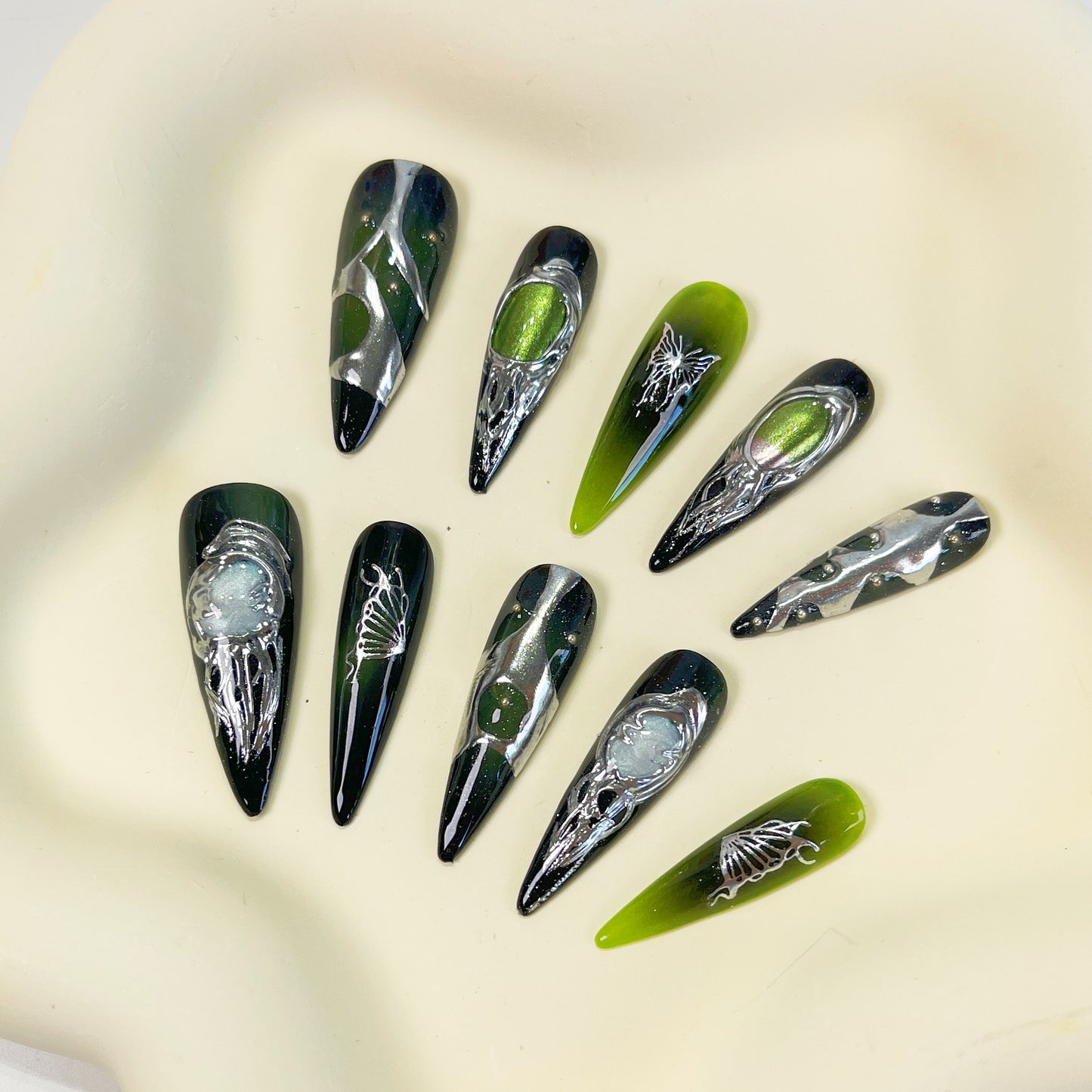 PO029 cyberpunk green gothic long stiletto press on nails