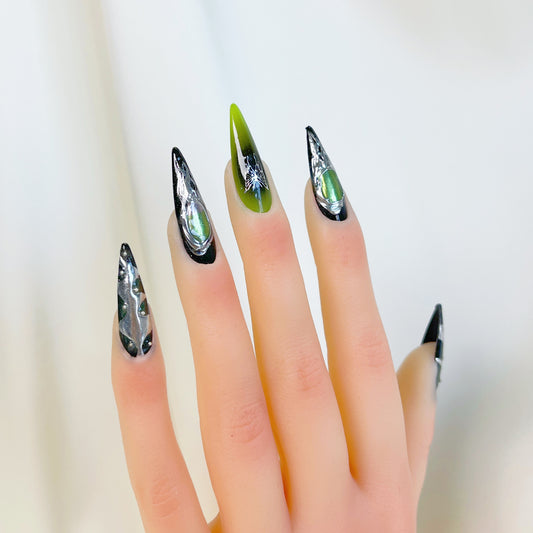 Green gothic cyberpunk y2k long stiletto press on nails - RTS