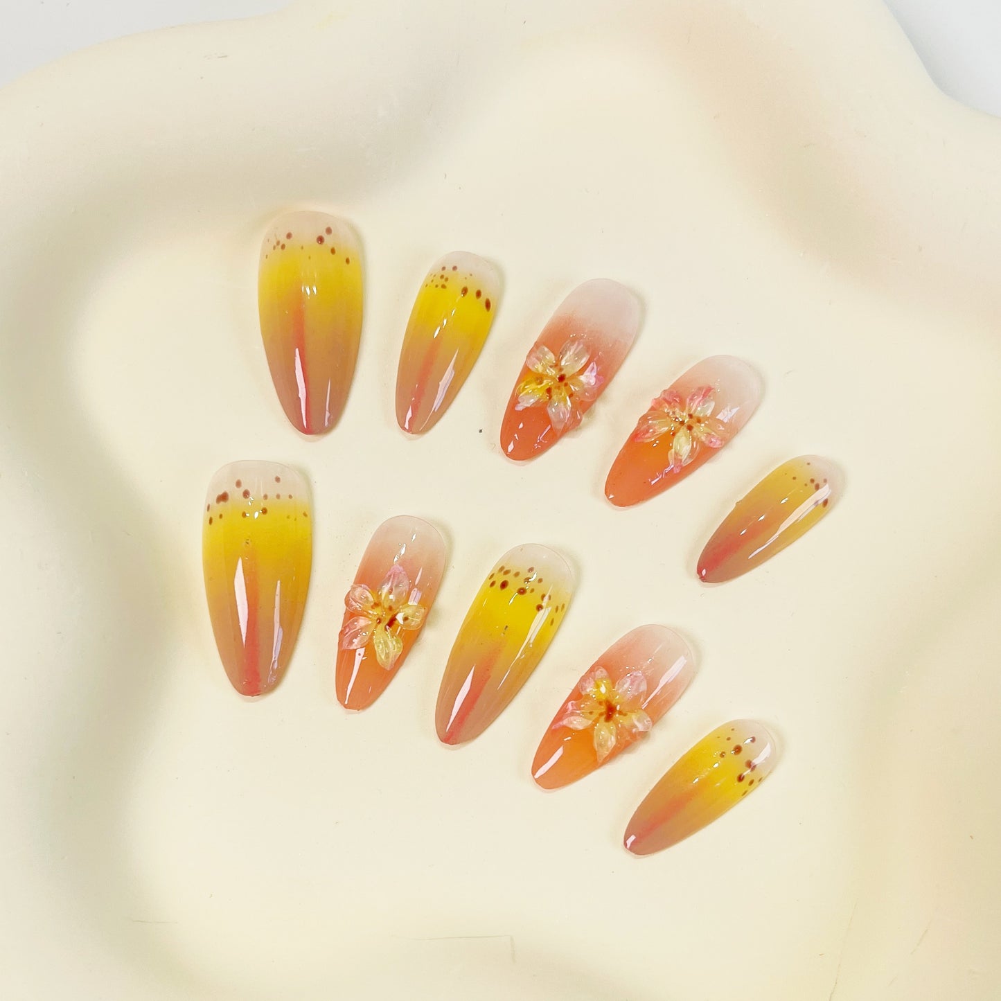 PO031 aurora tropical 3D flower almond press on nails