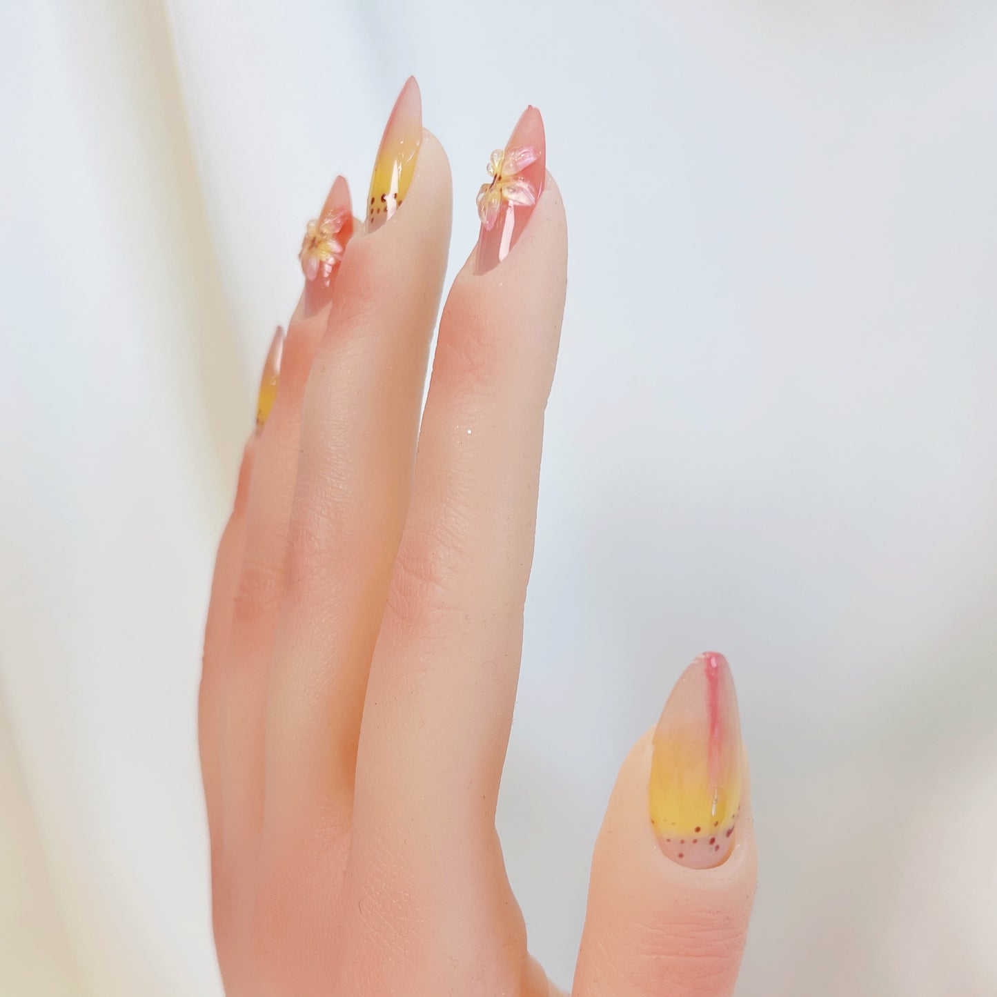 PO031 aurora tropical 3D flower almond press on nails