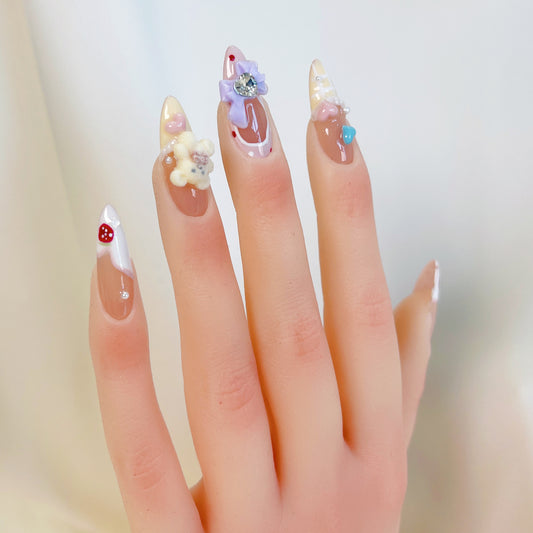 Cute anime gummy bear & bow long oval press on nails - RTS