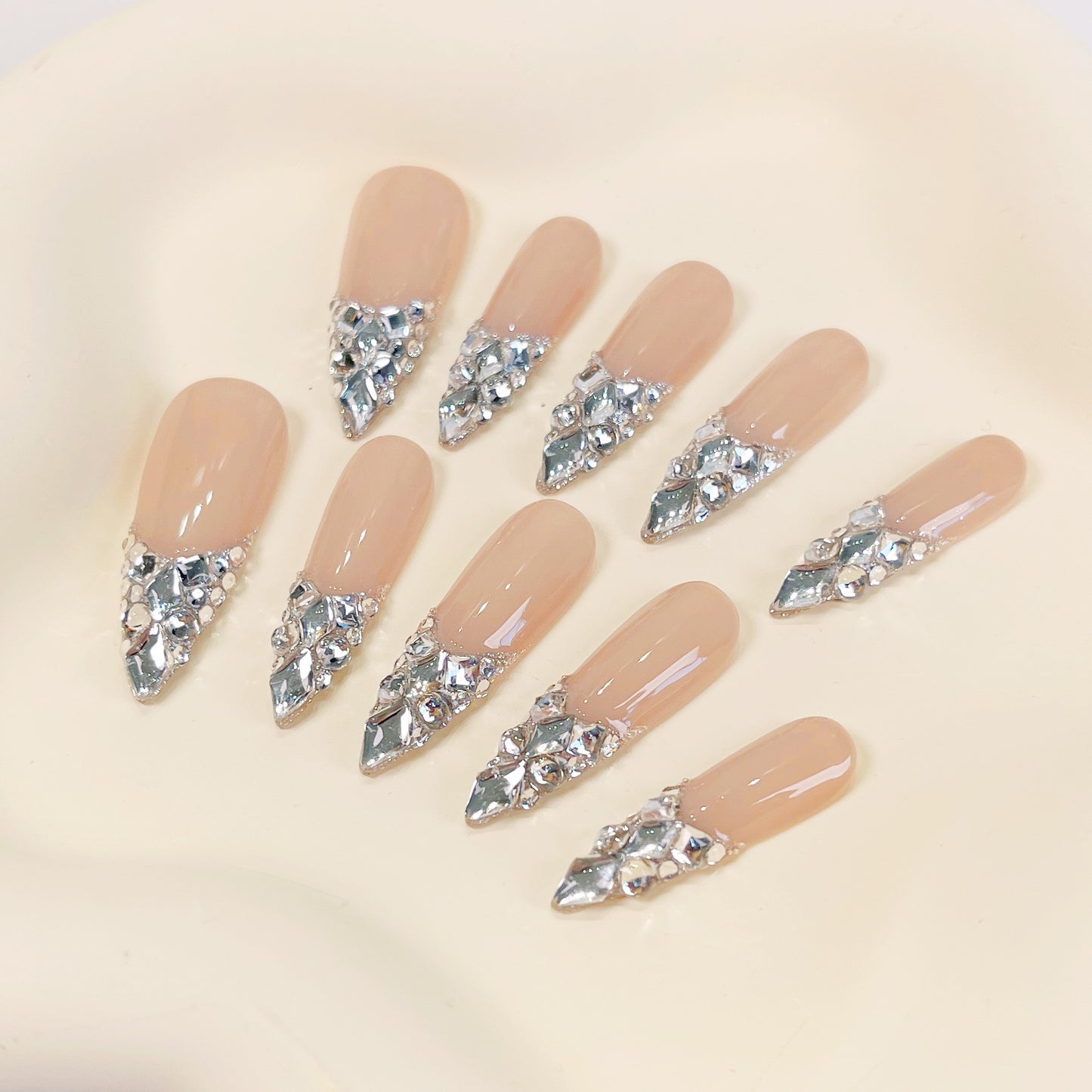 PO034 silver crystal gem bling long stiletto press on nails