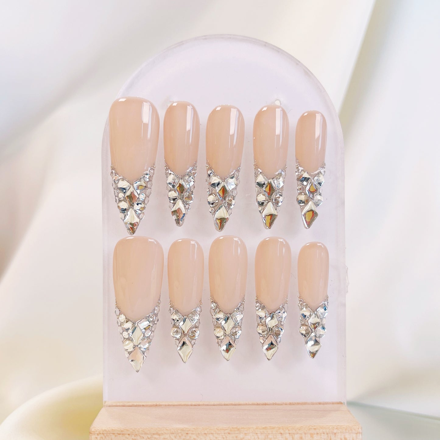 PO034 silver crystal gem bling long stiletto press on nails