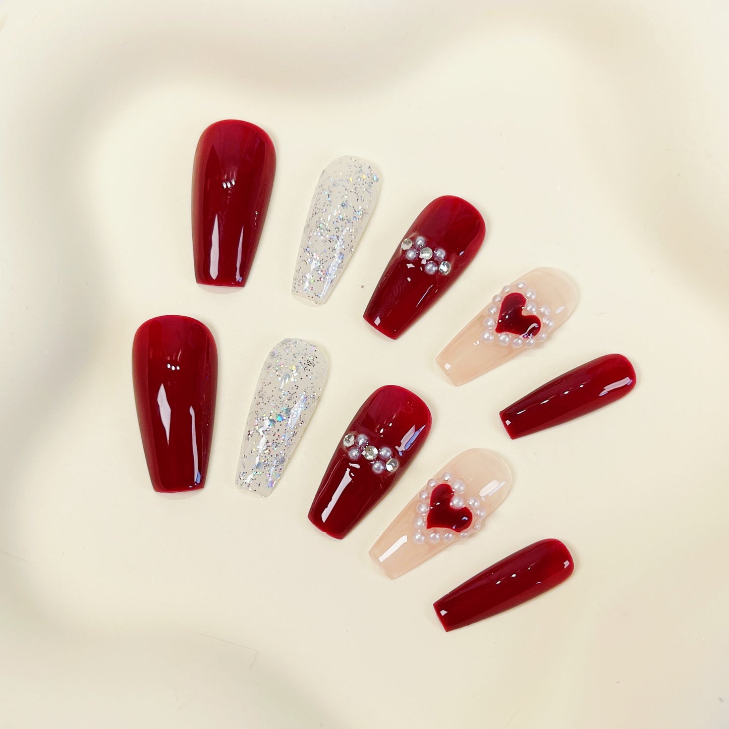 PO035 red heart coffin press on nails