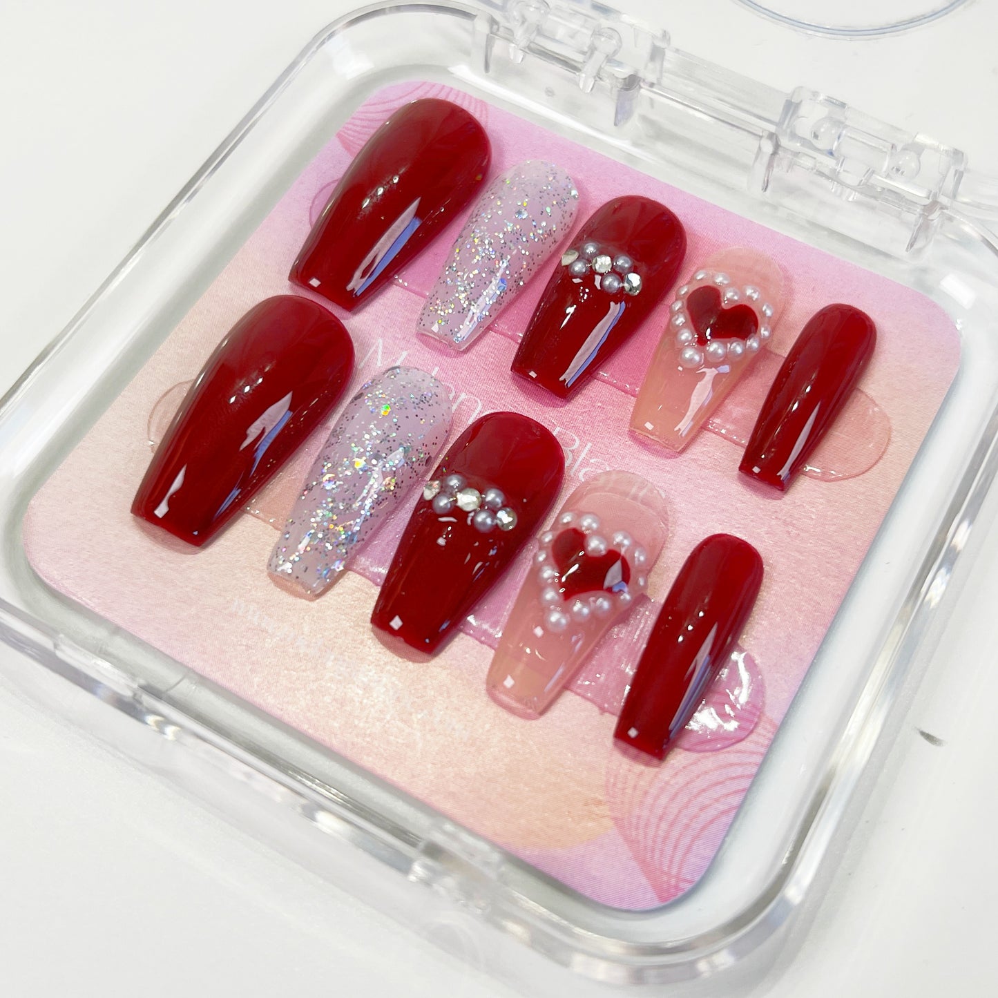 PO035 red heart coffin press on nails