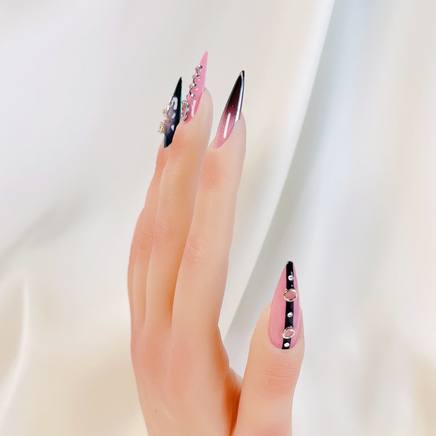 PO036 pink black gothic long stiletto press on nails
