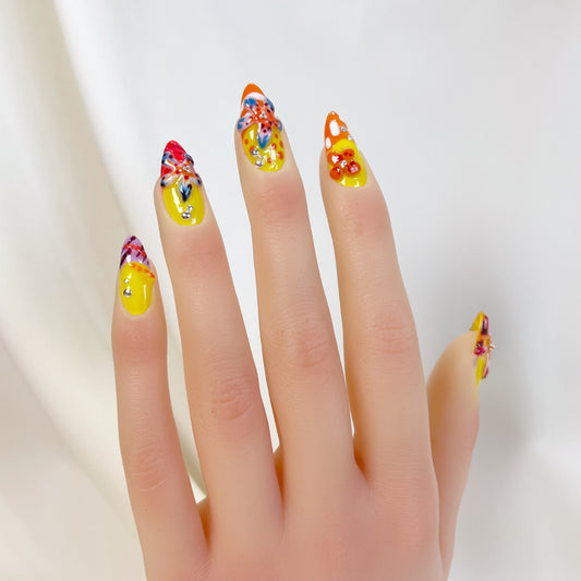 Neon yellow colorful tropical orchid flower almond press on nails - RTS