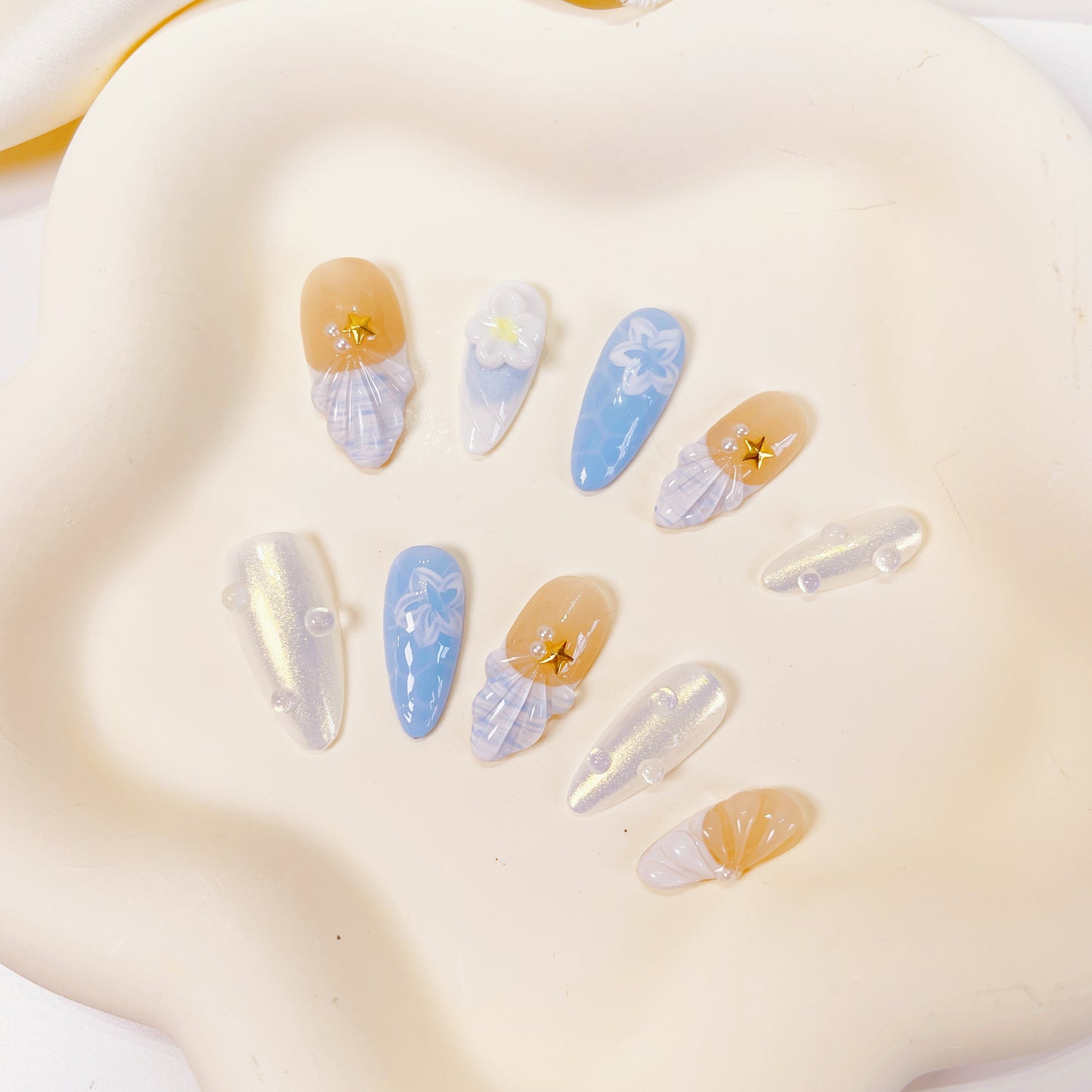 PO043 3D mermaid seashell press on nails