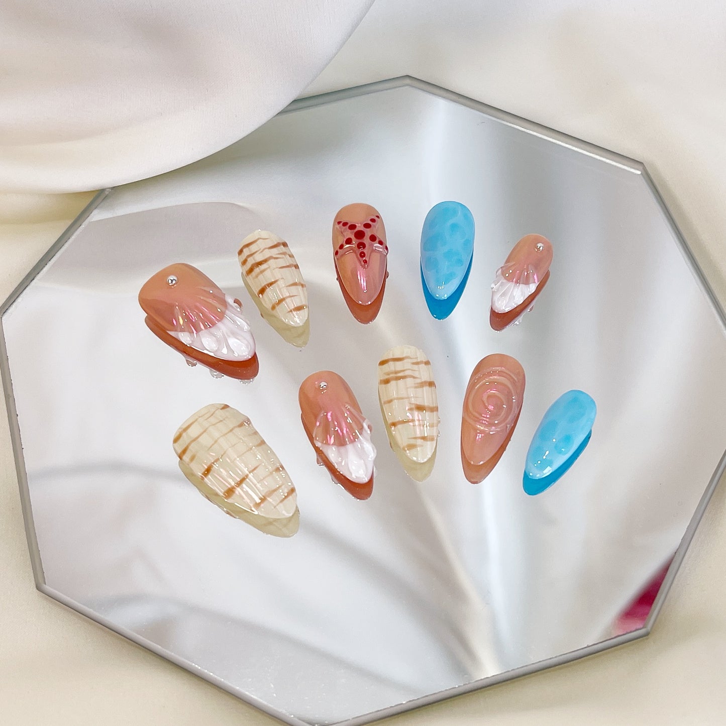 PO045 seashell starfish beach press on nails