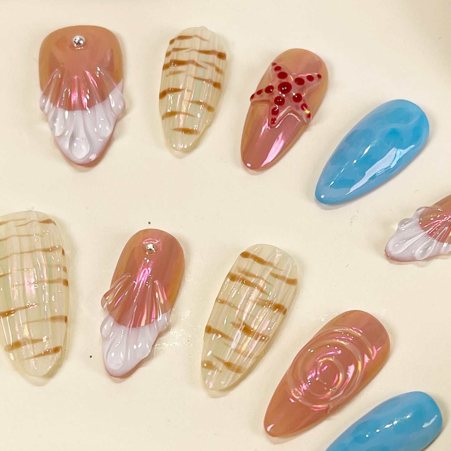 PO045 seashell starfish beach press on nails
