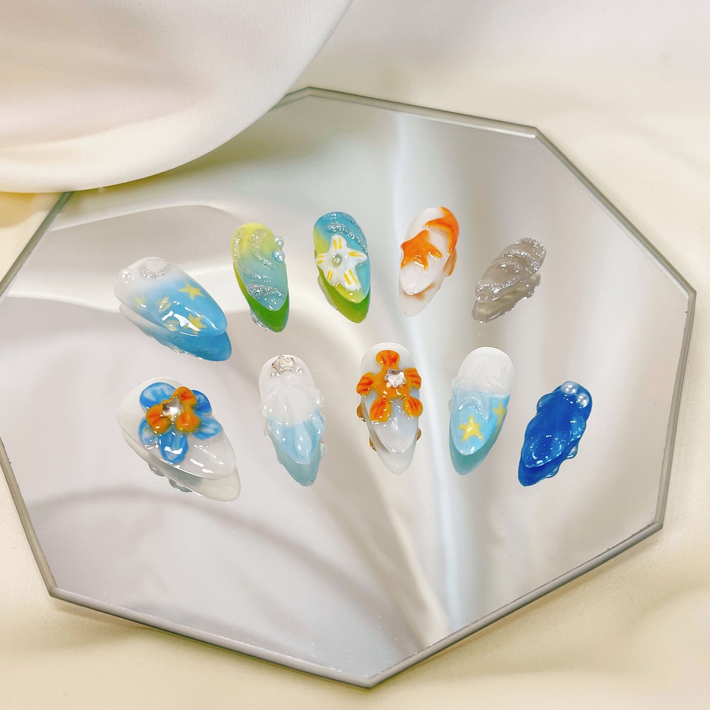PO046 3D tropical beach seashell ocean press on nails