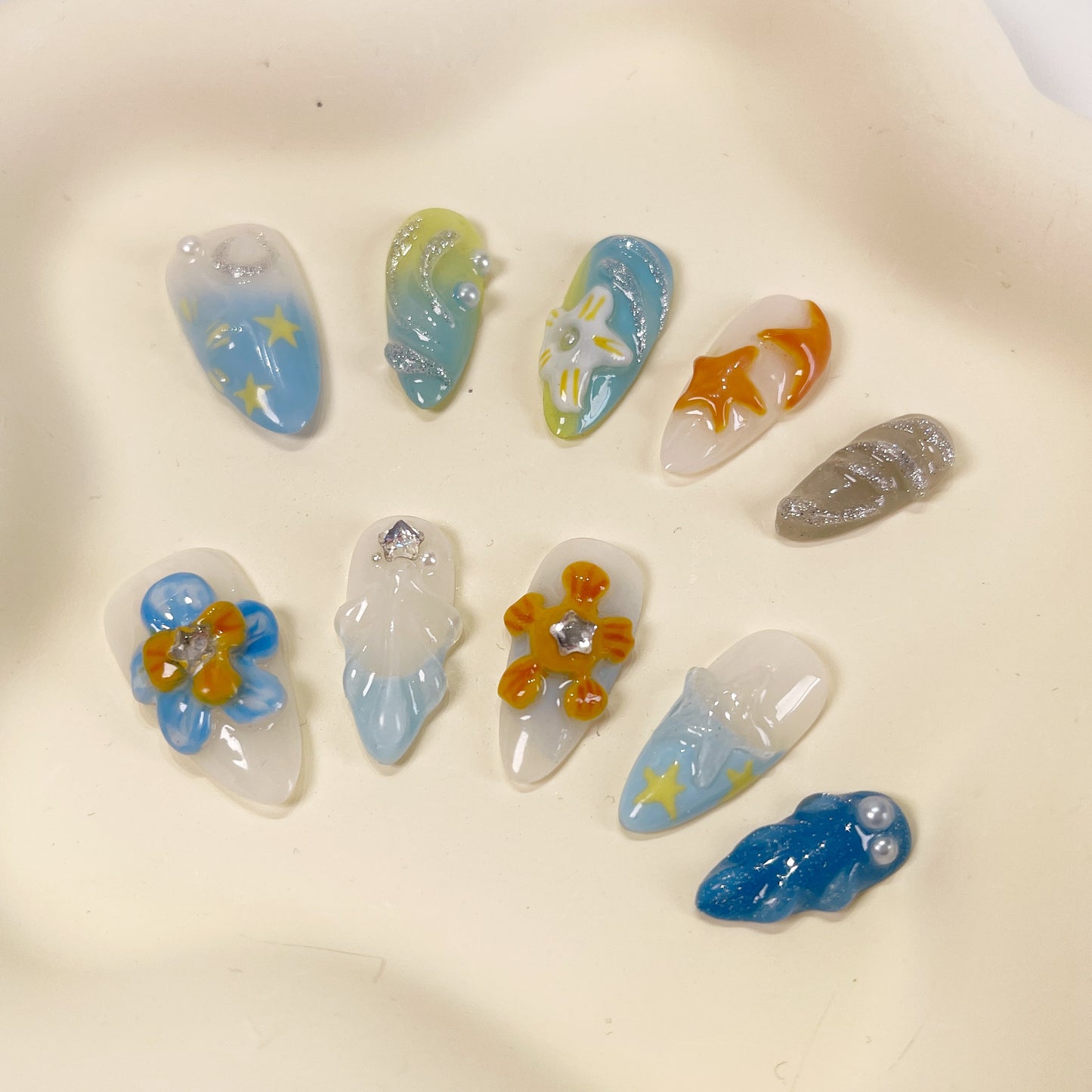 PO046 3D tropical beach seashell ocean press on nails