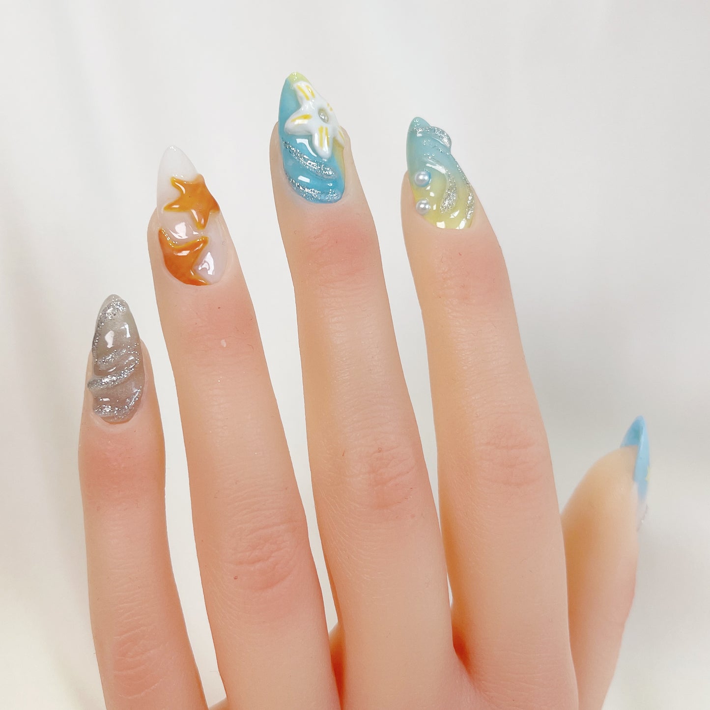 PO046 3D tropical beach seashell ocean press on nails