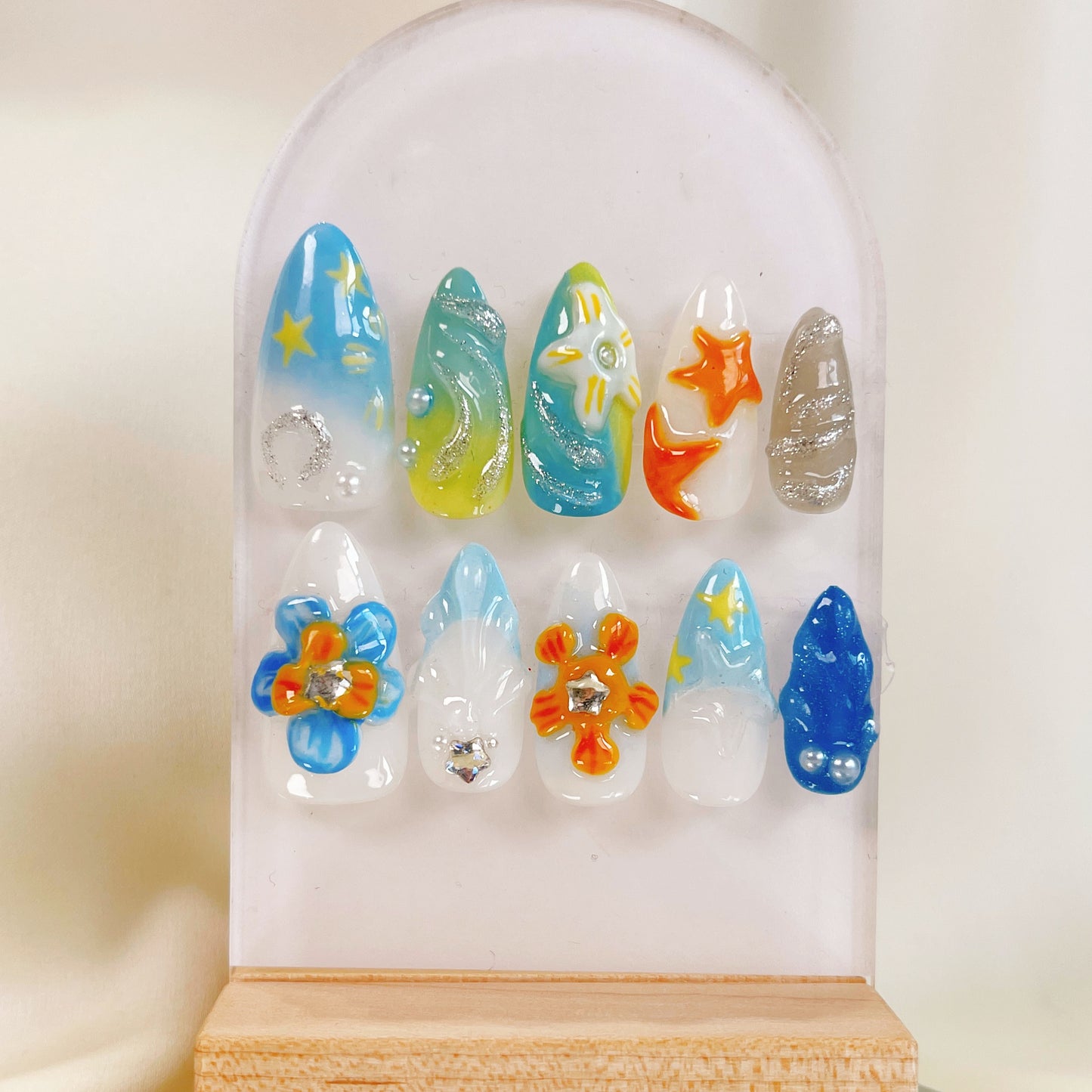 PO046 3D tropical beach seashell ocean press on nails