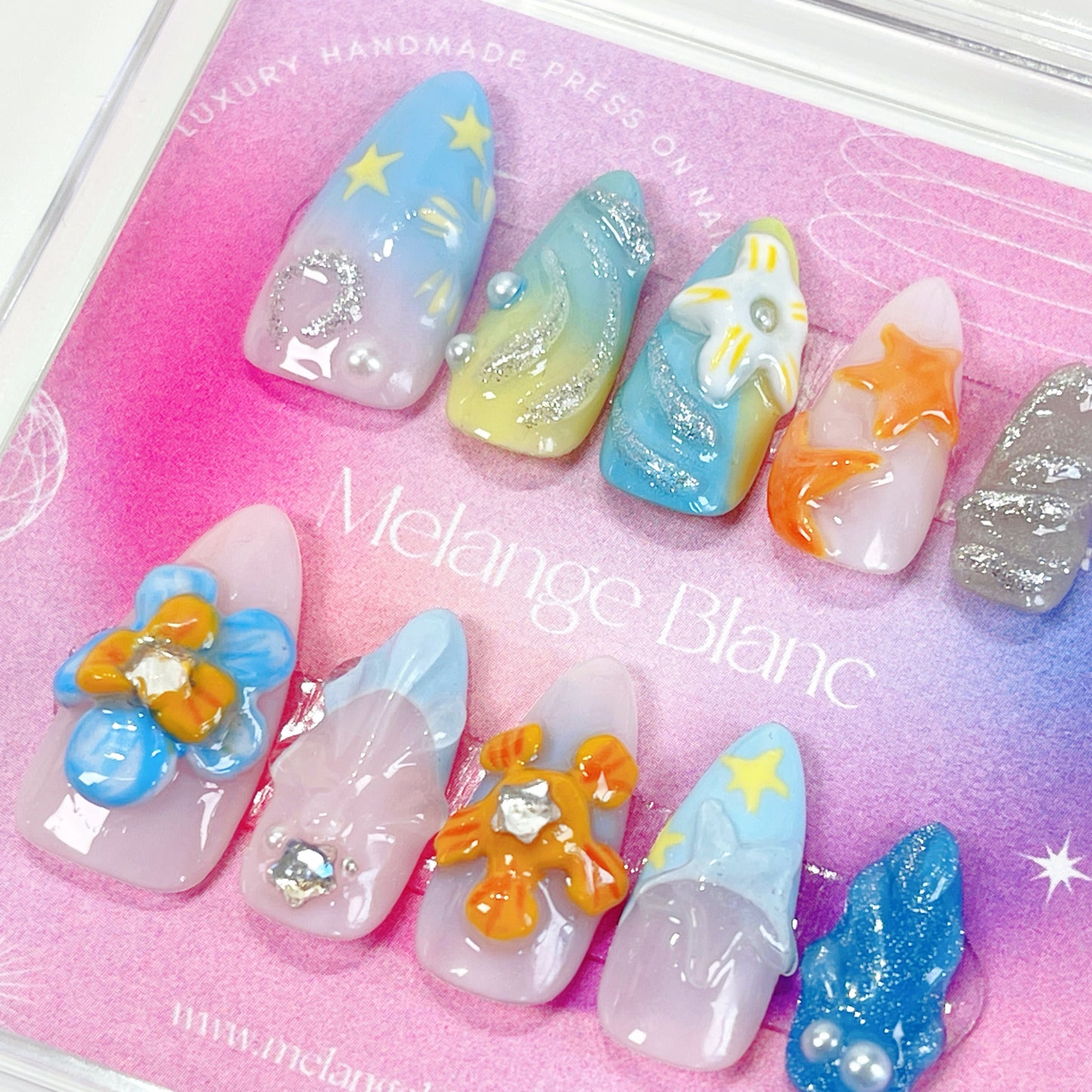 PO046 3D tropical beach seashell ocean press on nails