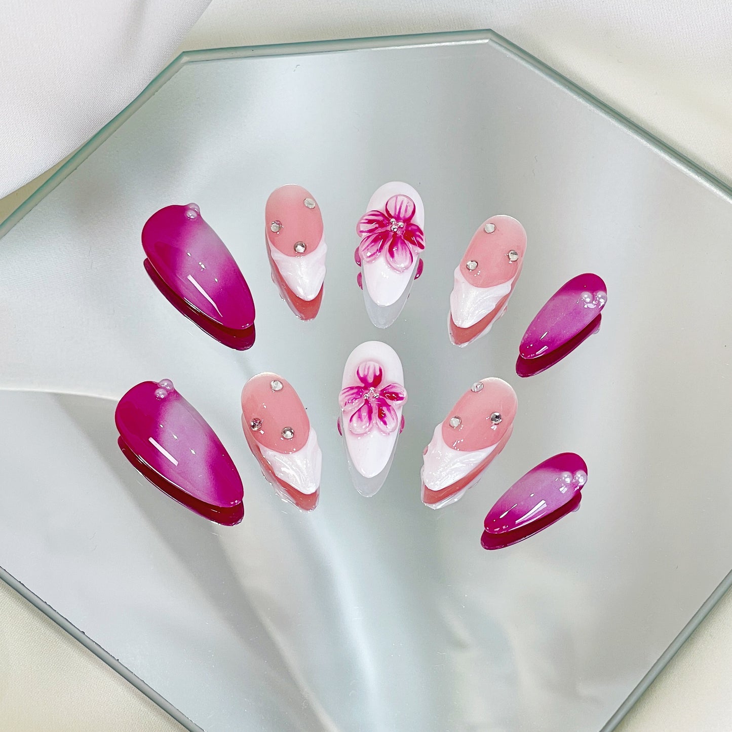PO050 3D flower french tip aurora almond press on nails