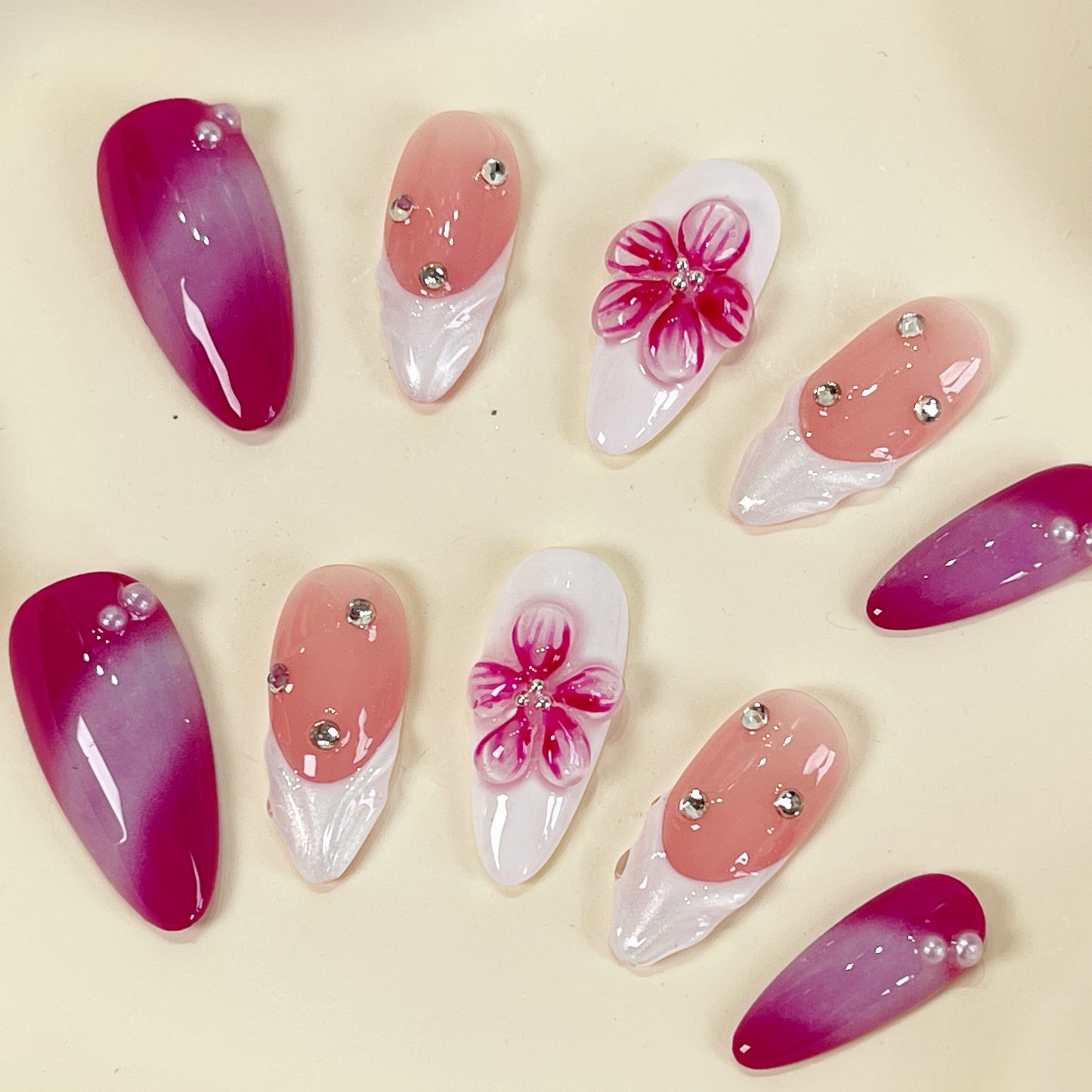 PO050 3D flower french tip aurora almond press on nails