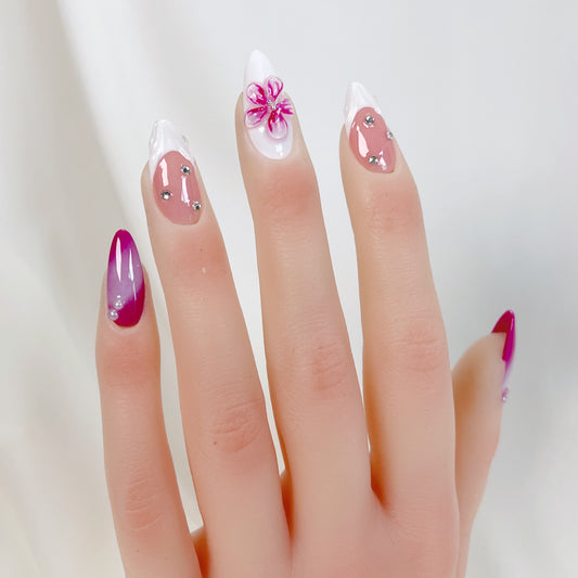 Fuchsia pink flower & french tip aurora almond press on nails