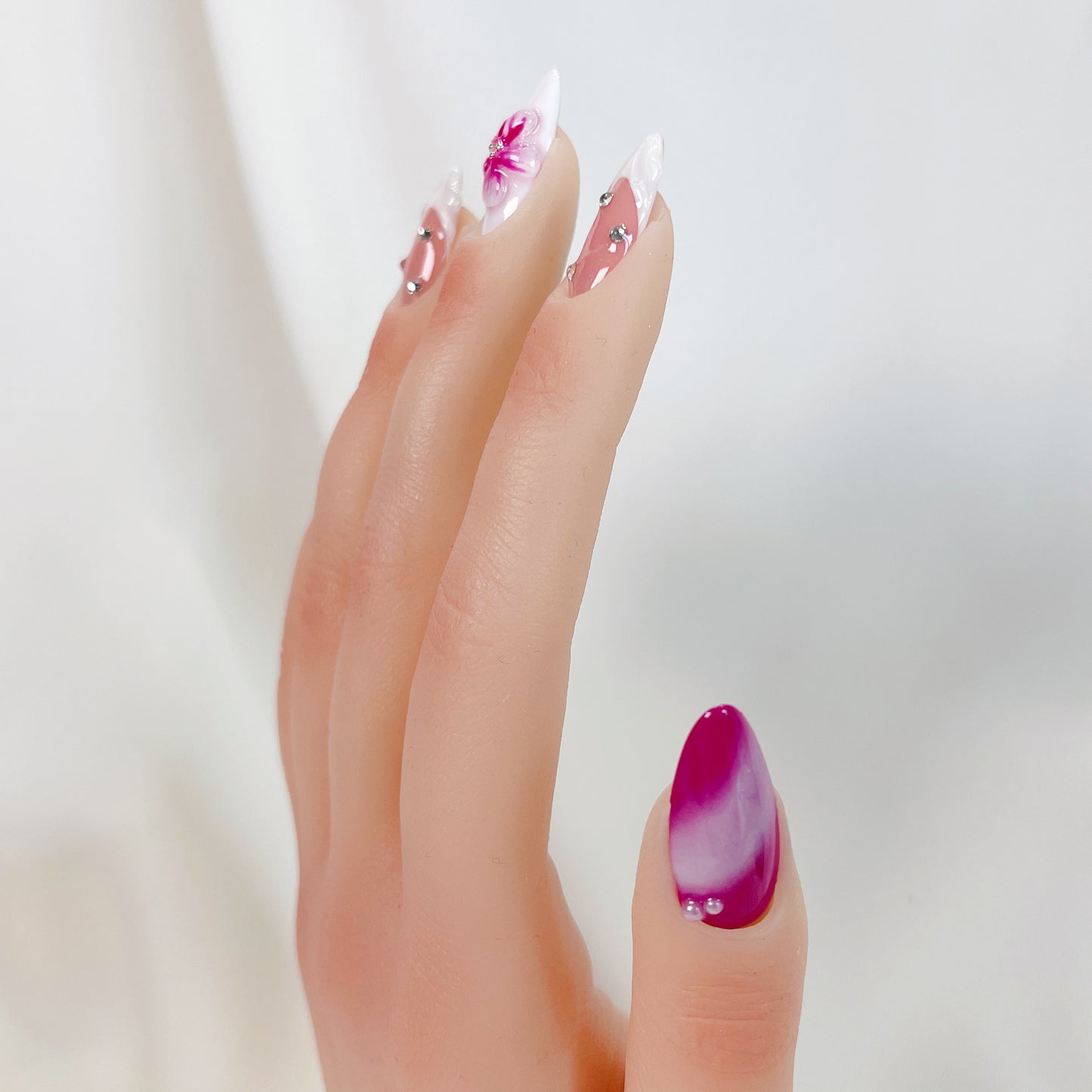 PO050 3D flower french tip aurora almond press on nails