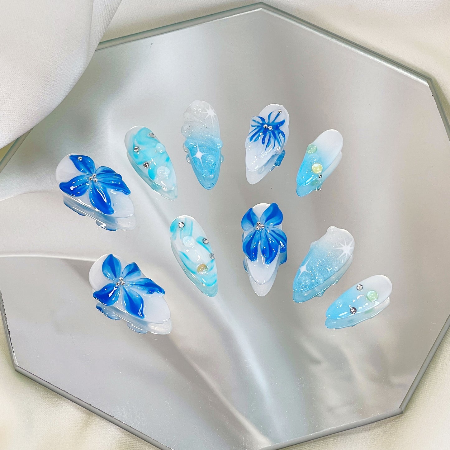 PO051 3d blue orchid ombre flower press on nails