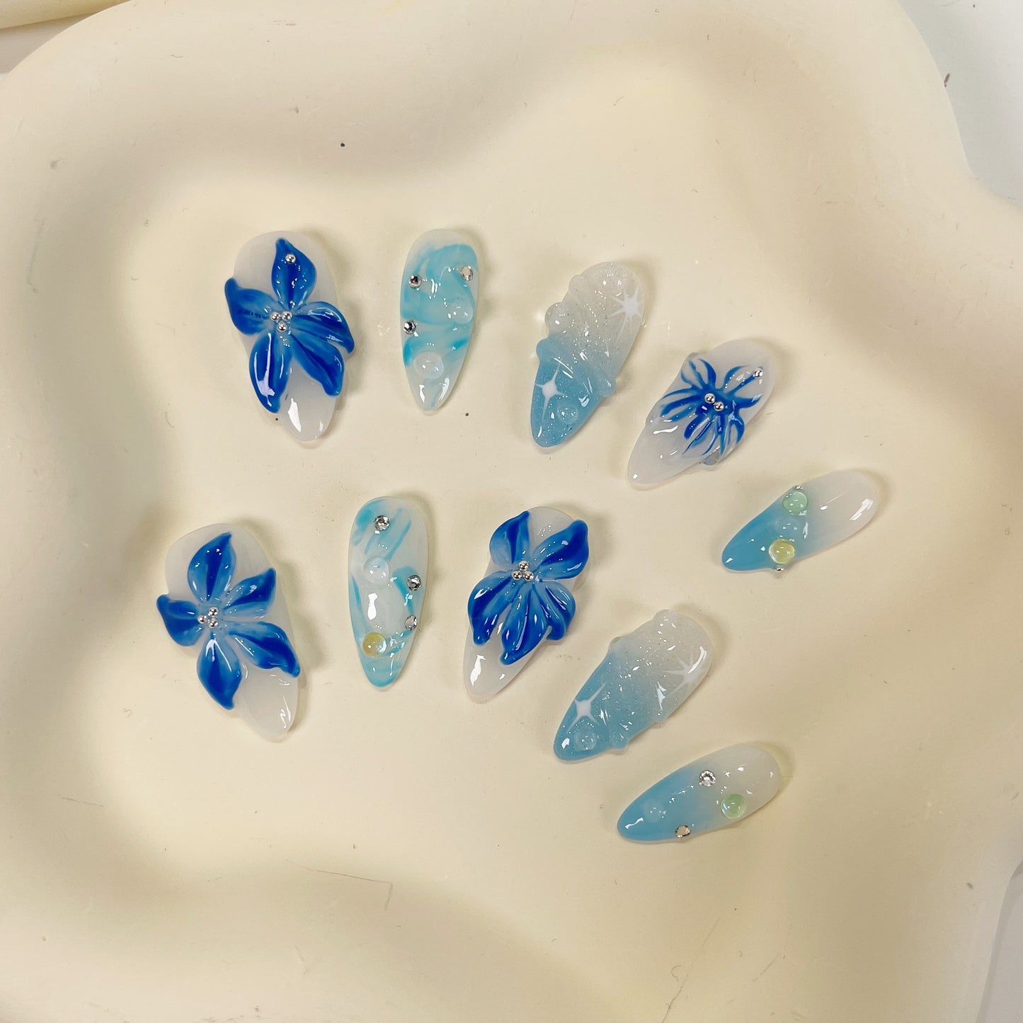 PO051 3d blue orchid ombre flower press on nails