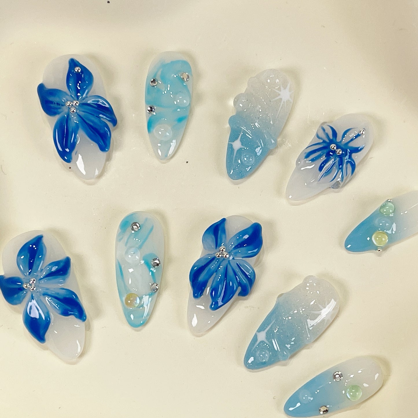PO051 3d blue orchid ombre flower press on nails