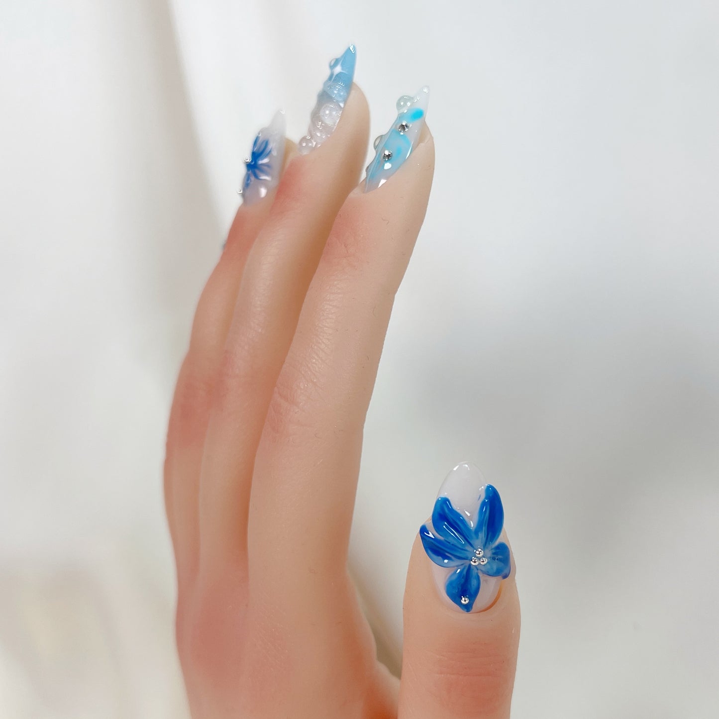 PO051 3d blue orchid ombre flower press on nails