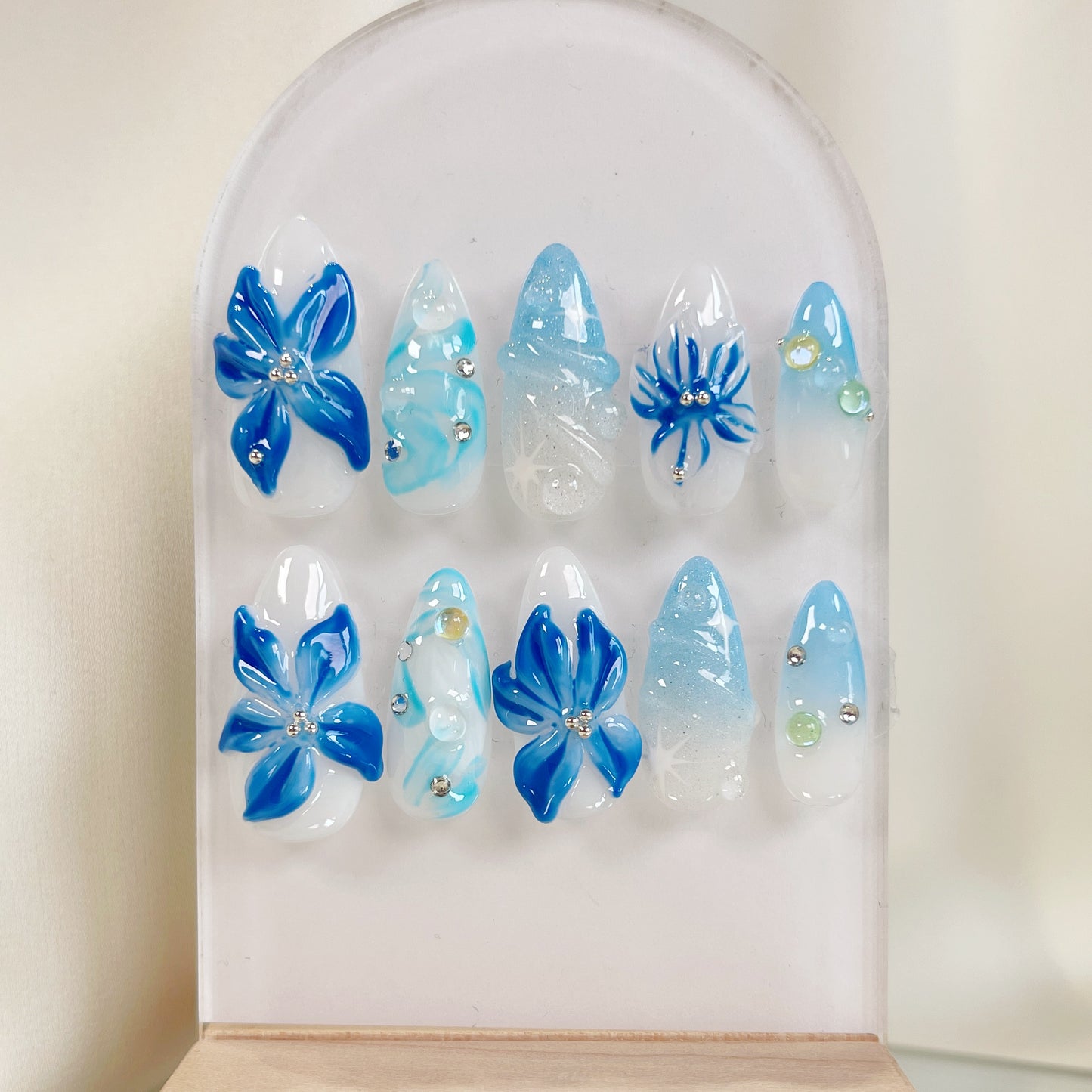 PO051 3d blue orchid ombre flower press on nails