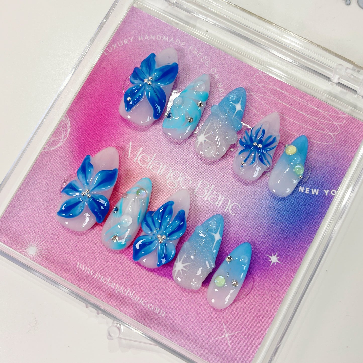 PO051 3d blue orchid ombre flower press on nails