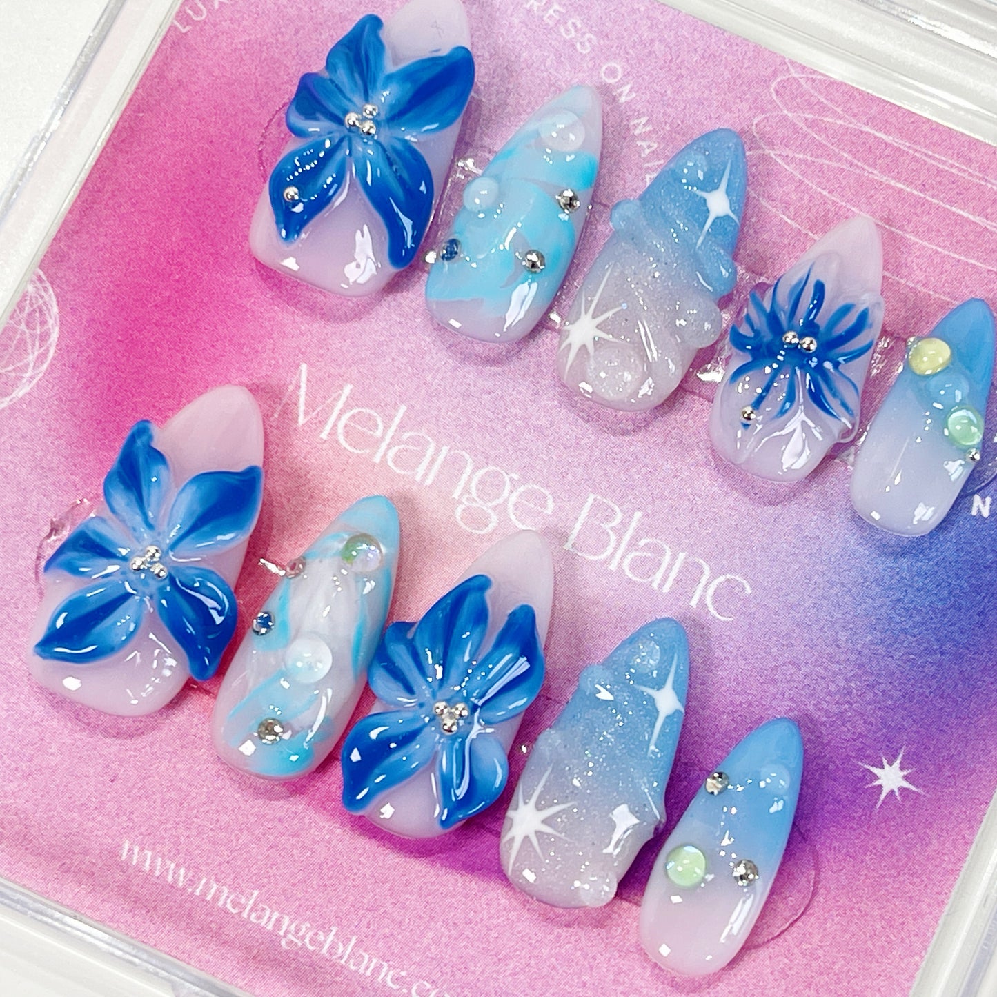 PO051 3d blue orchid ombre flower press on nails