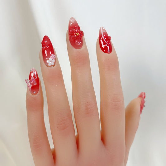 Red aurora ombre 3D flower almond press on nails