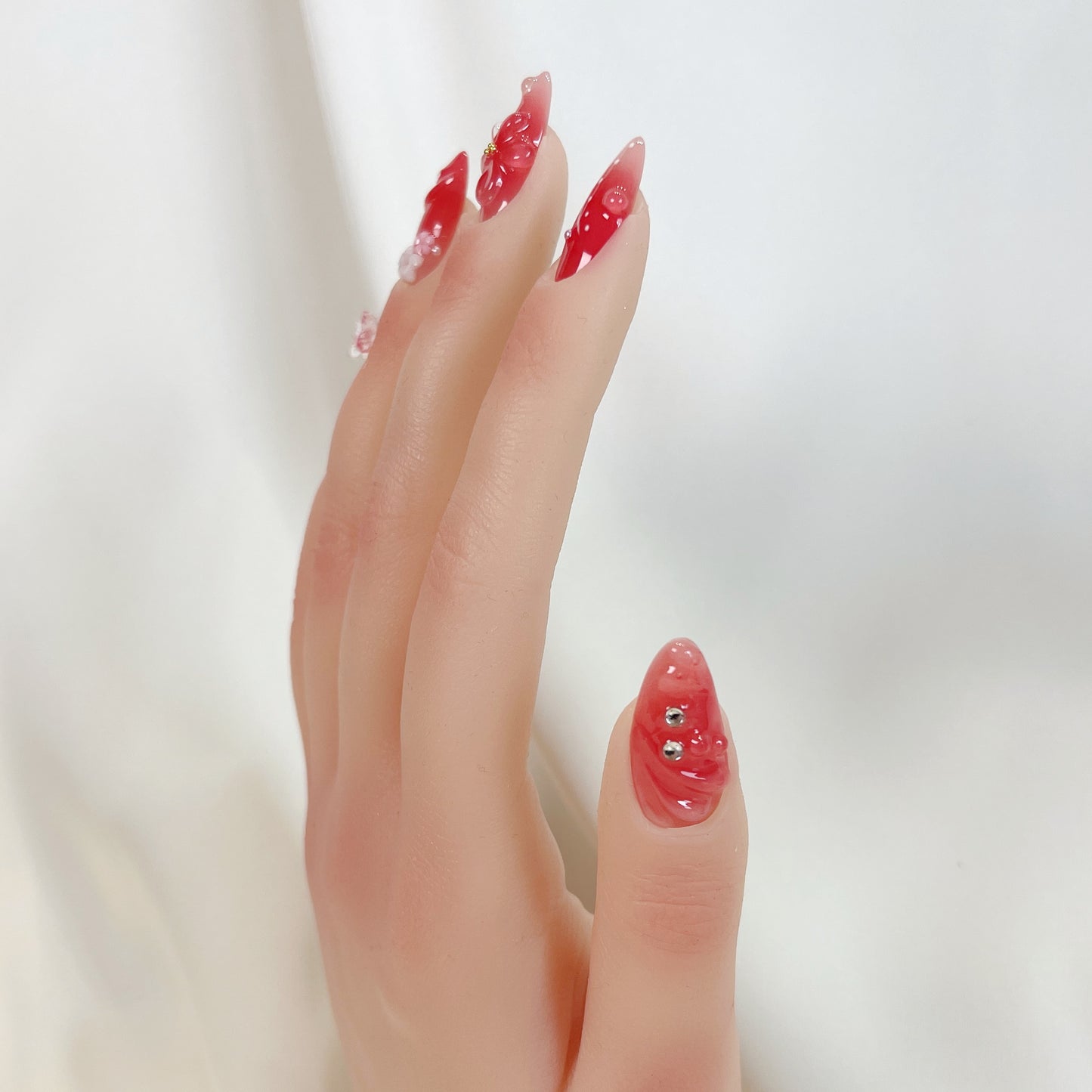 PO054 3d red aurora flower press on nails