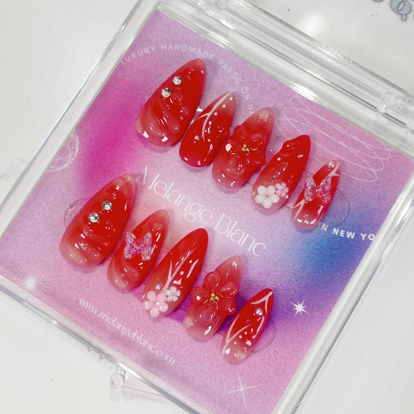 Red aurora ombre 3D flower almond press on nails