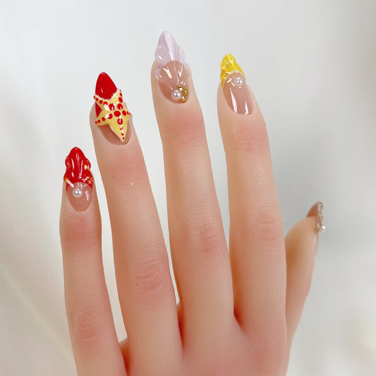 Tropical beach 3D seashell almond press on nails