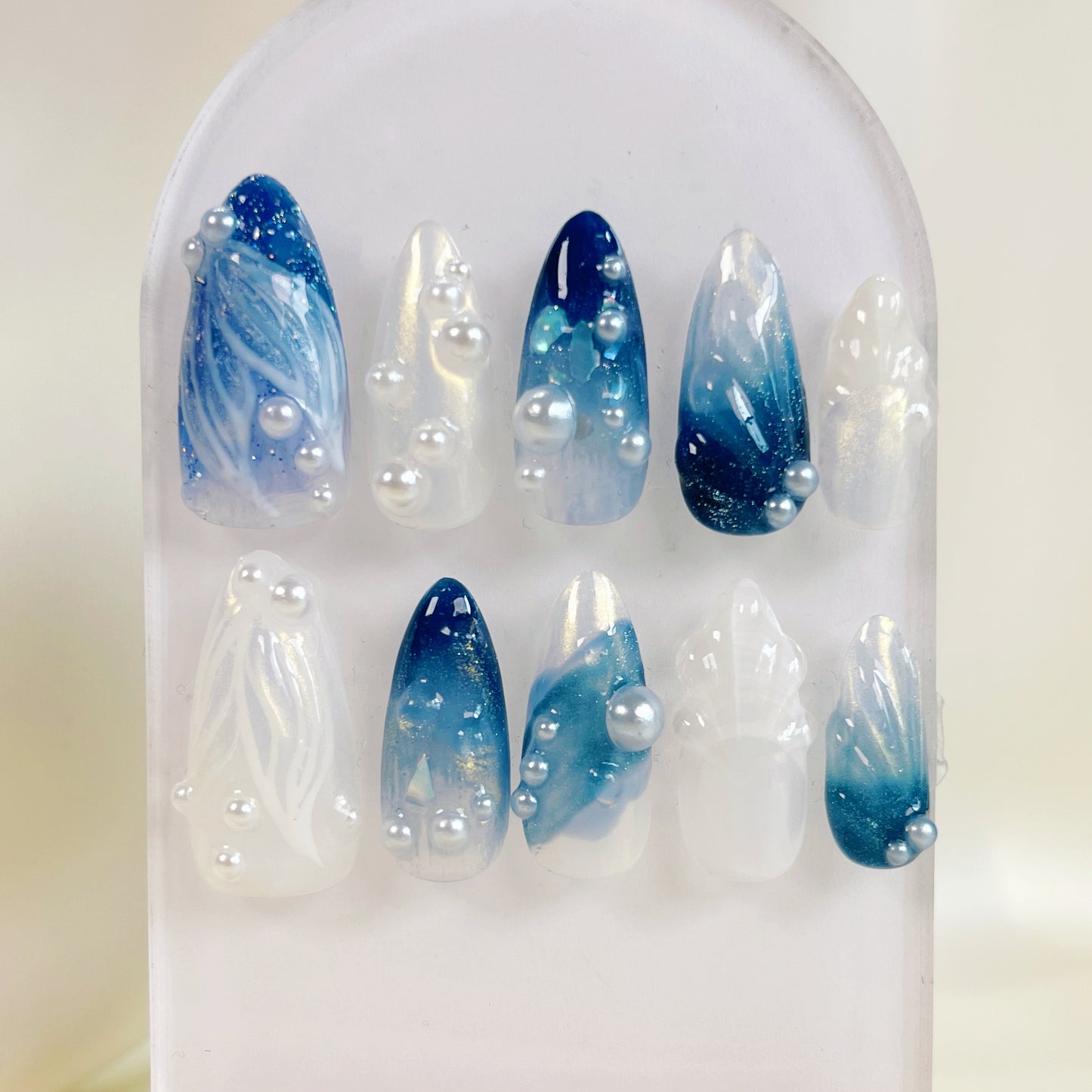 Blue ocean mermaid white chrome almond press on nails - RTS
