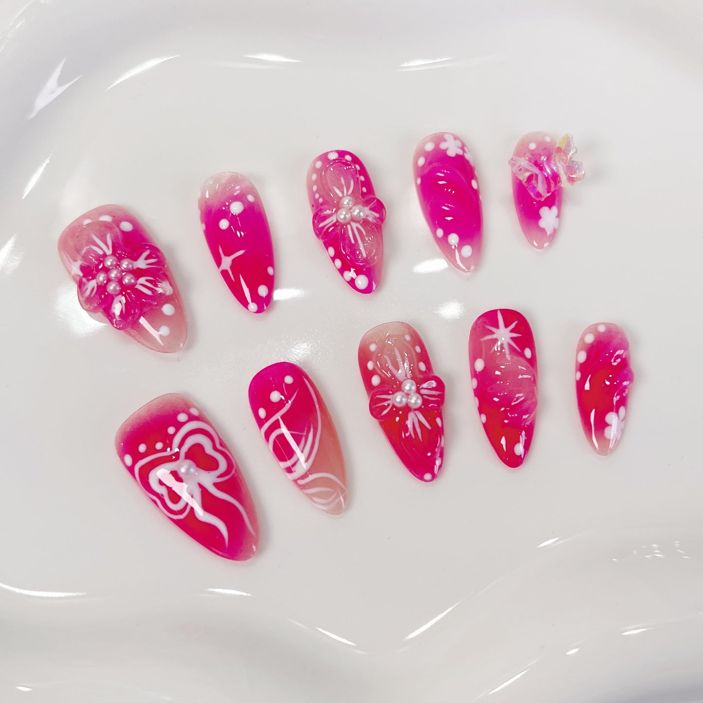 PO058 3d pink flower bloom press on nails