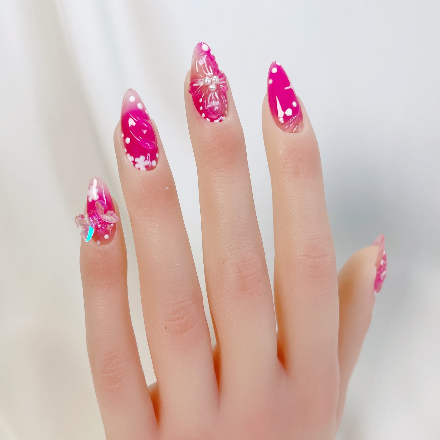 PO058 3d pink flower bloom press on nails