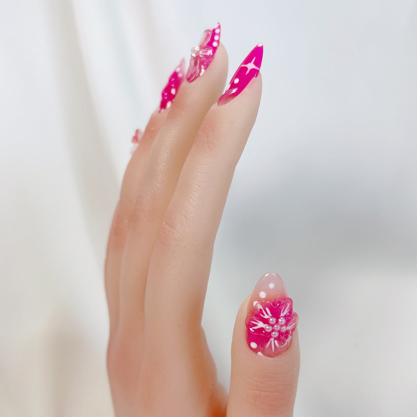 PO058 3d pink flower bloom press on nails