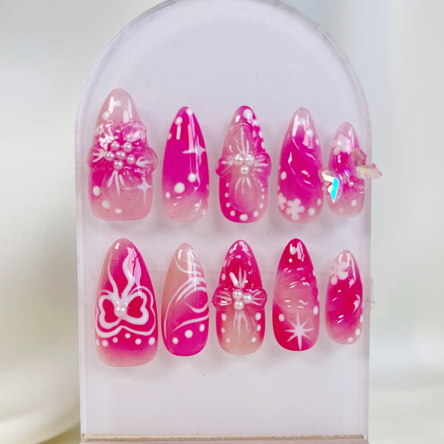PO058 3d pink flower bloom press on nails