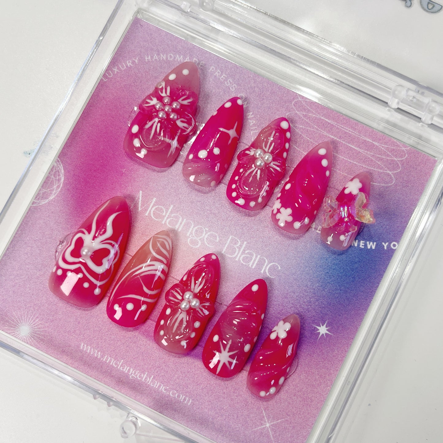 PO058 3d pink flower bloom press on nails