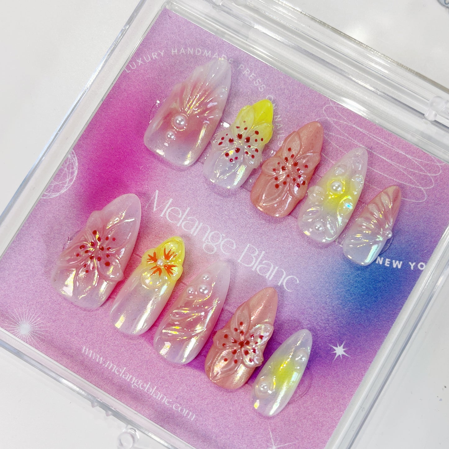 Red ombre white chrome 3D flower iridescent almond press on nails - RTS
