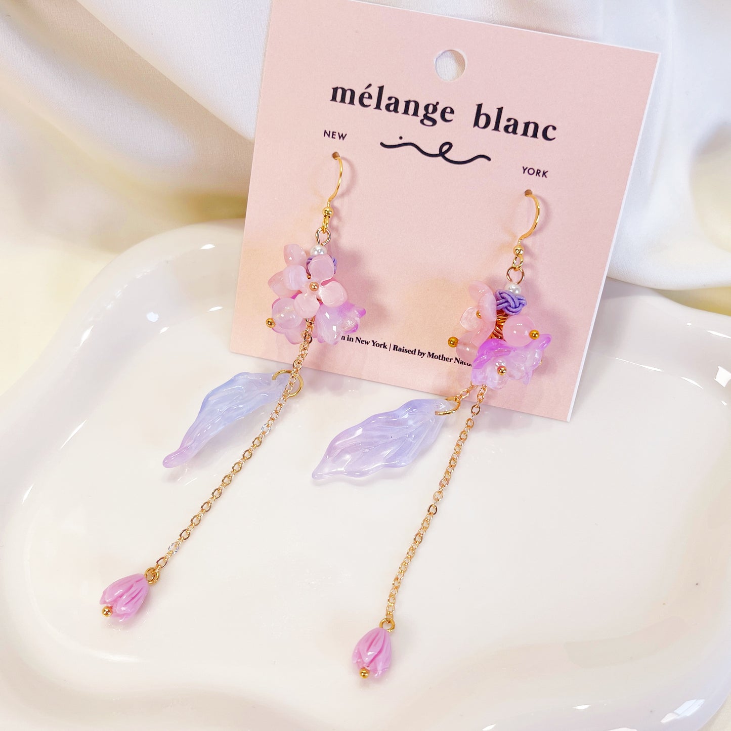 E194 purple flower long dangle earrings