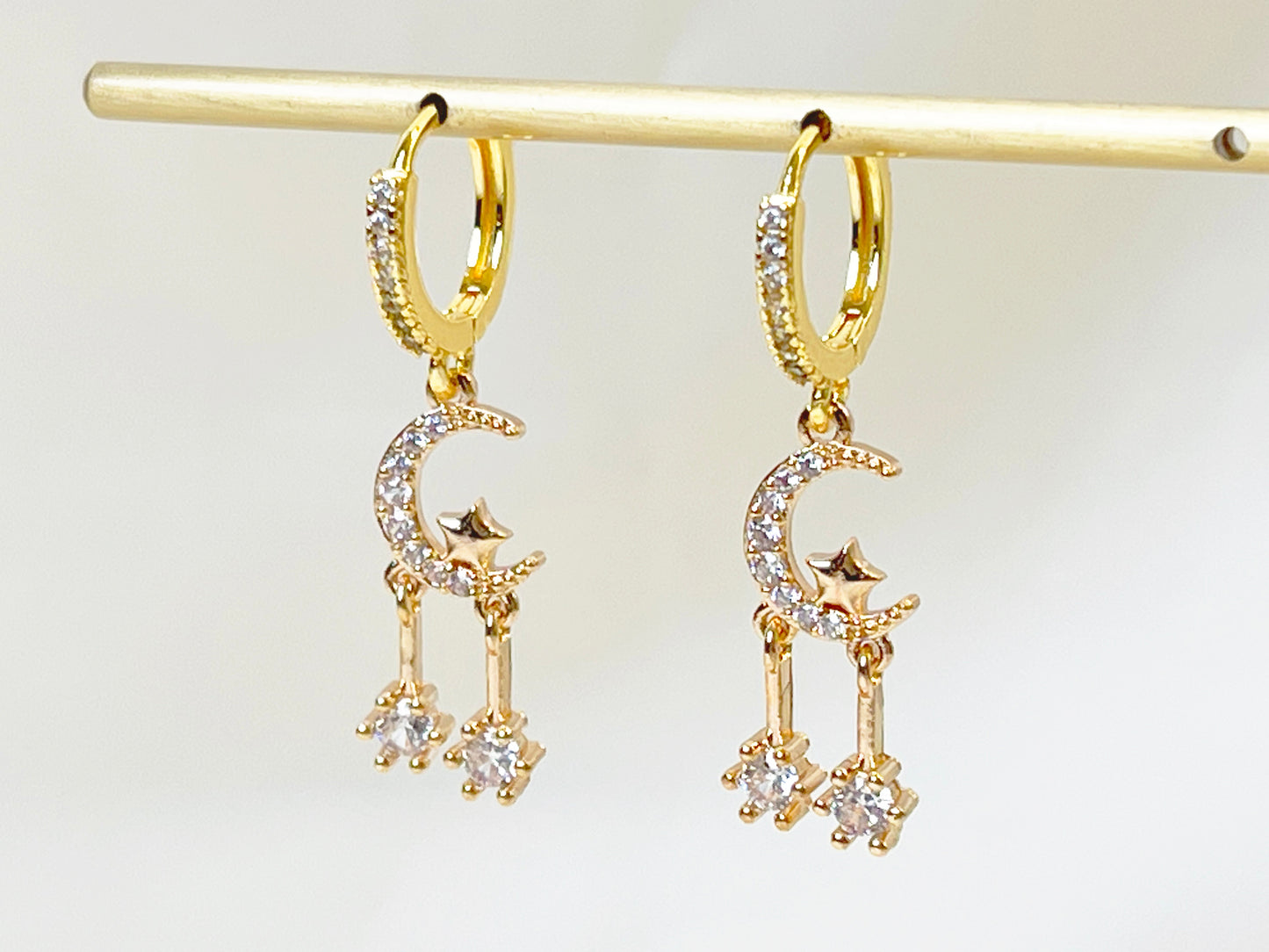 E144 gold huggie hoop crystal paved moon star dangle earrings