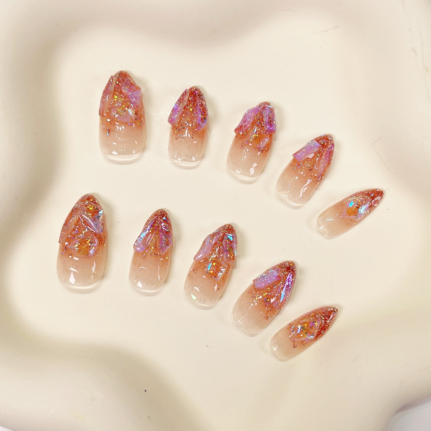 PO065 glitter crystal aurora press on nails