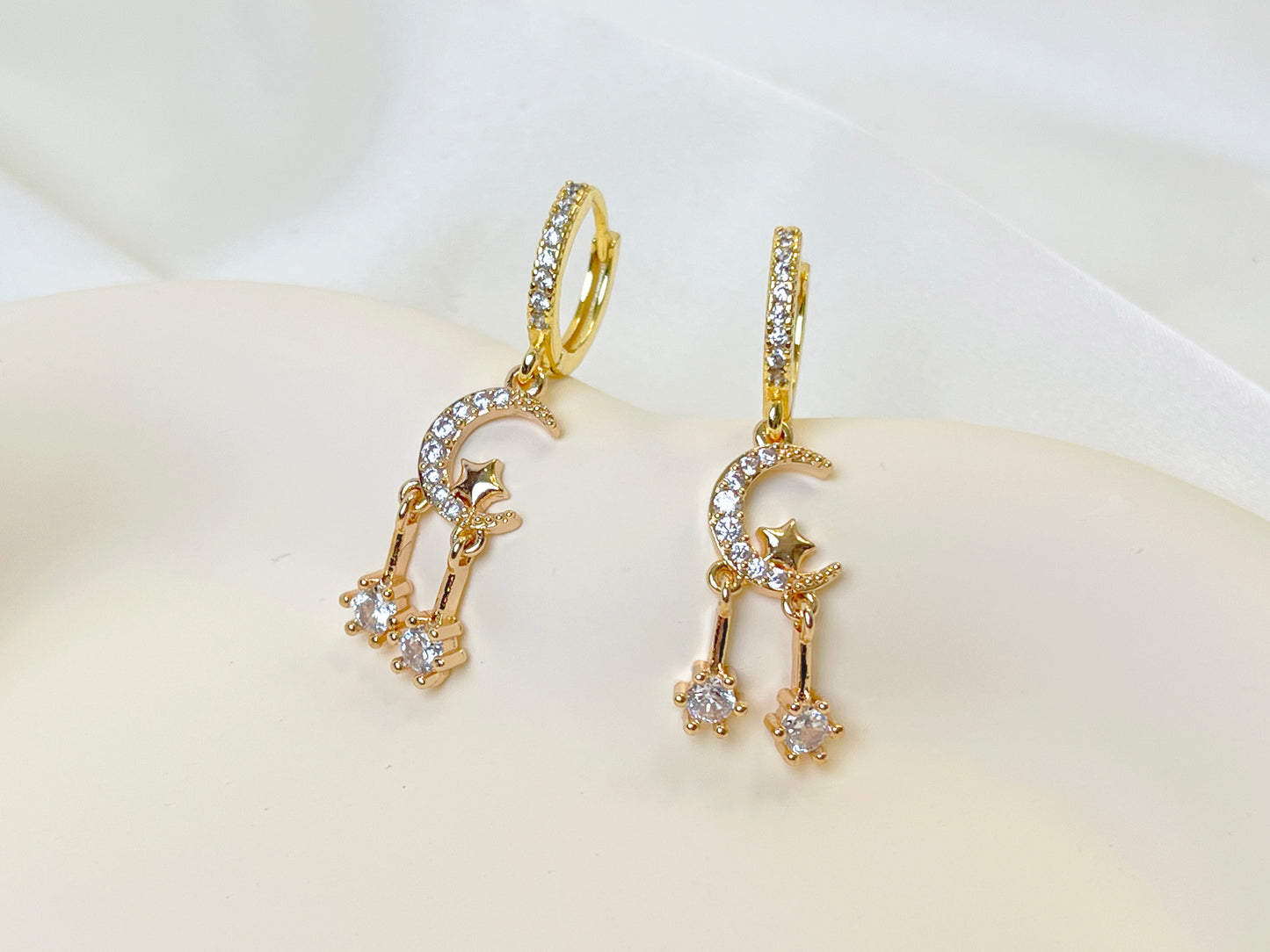 E144 gold huggie hoop crystal paved moon star dangle earrings