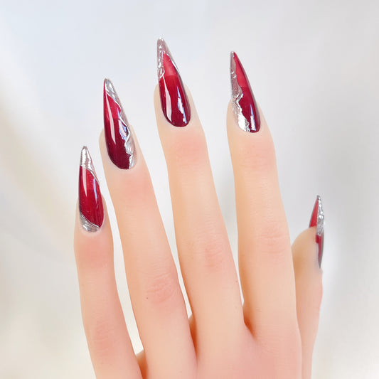 Red Gothic & Silver Chrome Stiletto Press On Nails- RTS