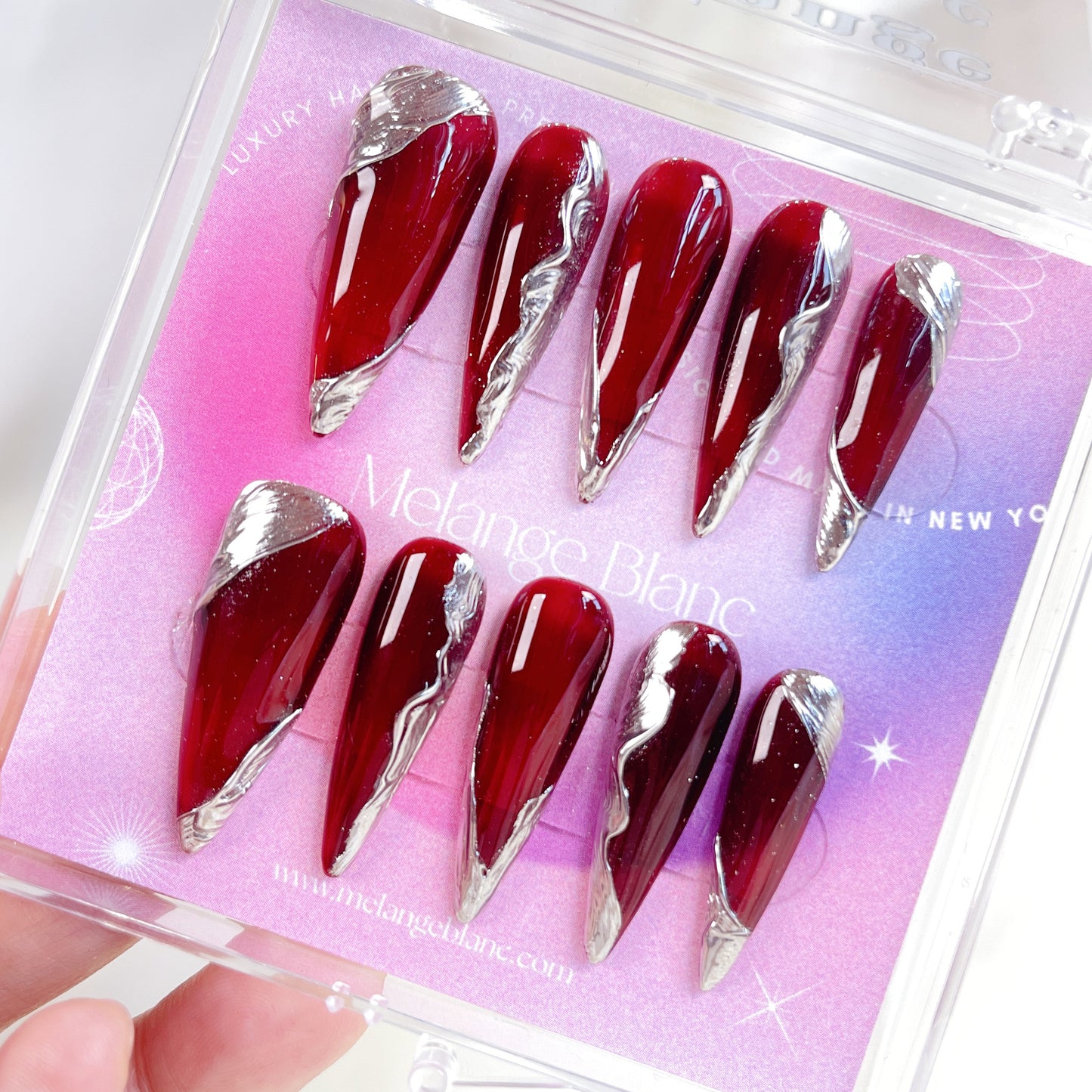 Red Gothic & Silver Chrome Stiletto Press On Nails- RTS