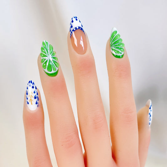 Green lime fruit almond press on nails - RTS