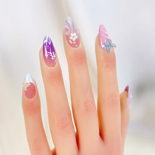 Purple ombre 3D butterfly flower almond press on nails - RTS