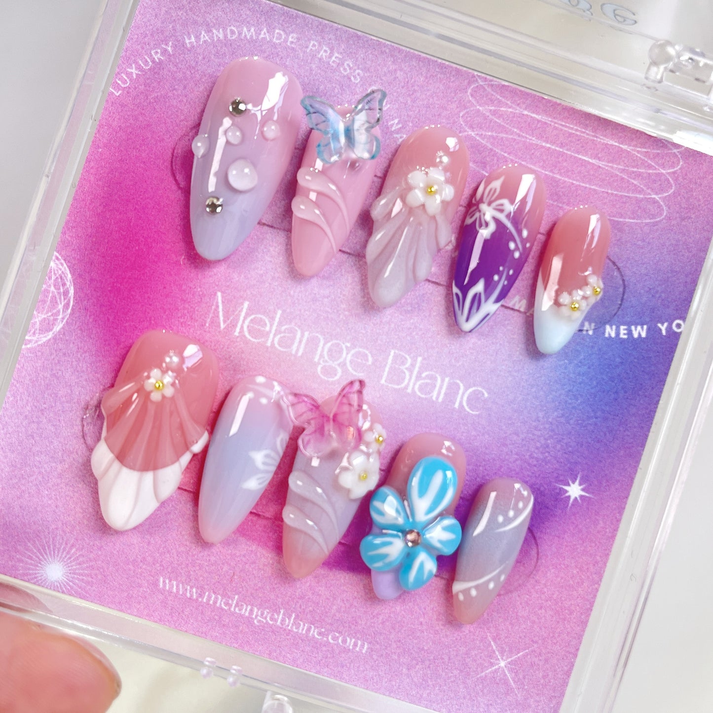 Purple ombre 3D butterfly flower almond press on nails - RTS